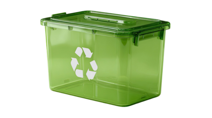 A 3d isolated green plastic recycle bin container for waste management and storage of paper or garbage