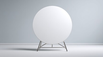 White round sign display, supported by a metal easel, against a light gray wall