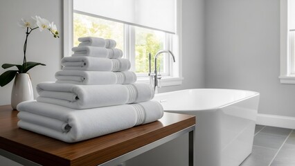 Stack of Clean Towels on Bathroom Table in Modern Bathroom
