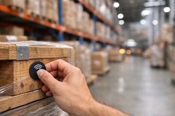 Sustainable business perspective strategies concept. Hand scanning a pallet in a busy warehouse setting.