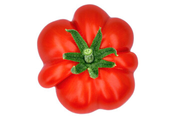 top view of ribbed ripe beefsteak tomato isolated on white background, single fresh wrinkled tomato variety