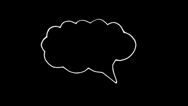 White thought bubble doodle animation, hand drawn cloud speech bubble on black background, minimalist communication icon animation, creative idea and thinking motion graphics.
