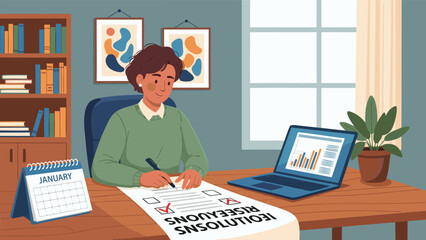 New Year's Resolutions Planning Vector Illustration Woman setting goals and making plans for personal development and success in the new year at her office desk