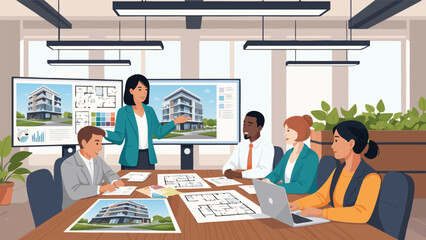 Architectural design team collaboration vector illustration for building project planning and presentation