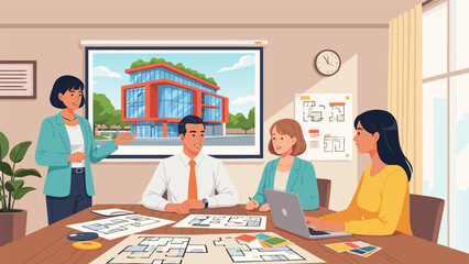 Business meeting illustration vector, architects discussing building design with blueprints on table, brainstorming session