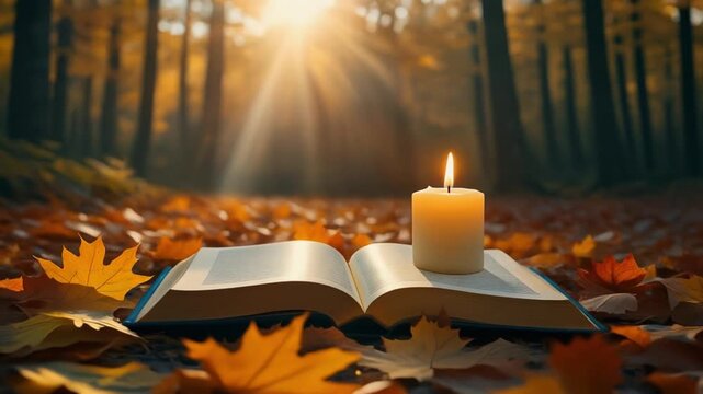 A candle-lit open book rests on autumn leaves