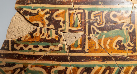 A fragment of ancient ceramic pottery featuring hand-painted animal figures and geometric patterns in yellow, green, and black