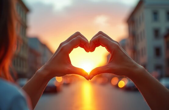 Woman makes heart shape with hands during sunset. Heart symbol represents love care and affection. Beautiful warm sun shines through fingers on city street.