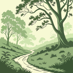 Fototapeta premium Serene Forest Path Illustration with Lush Green Trees.