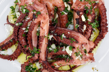Top view of cooked octopus tentacles served with olive oil, garlic and parsley on white plate