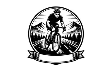 Cyclist in mountain terrain: black and white art with rugged landscape