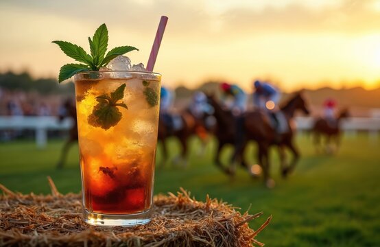 Mint julep cocktail served at horse racing event. Beverage glass with drink and ice cubes. Racehorses with jockeys run in background at sunset. Fresh cocktail in glass.