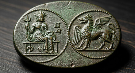 A bronze-colored ancient coin or medallion showing a seated figure holding a trident and a winged griffin creature