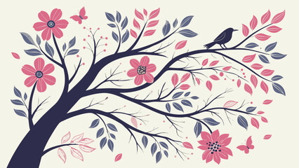 Spring Blossom Tree with Bird and Butterflies Illustration.