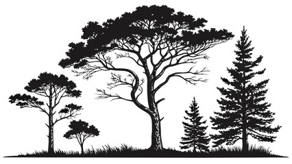 Obraz premium Silhouette Trees Diverse Forest Landscape Illustration.