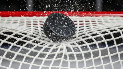 A hockey puck flies into the net during an intense game