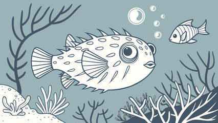 Obraz premium Underwater Pufferfish Scene with Bubbles and Small Fish.