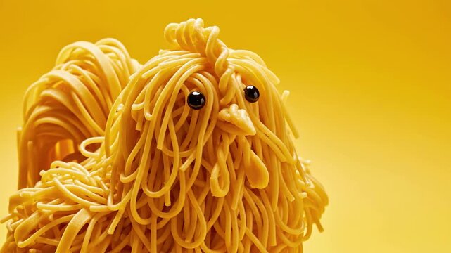 A creative noodle creature with eyes on yellow background, used for advertising or editorial content