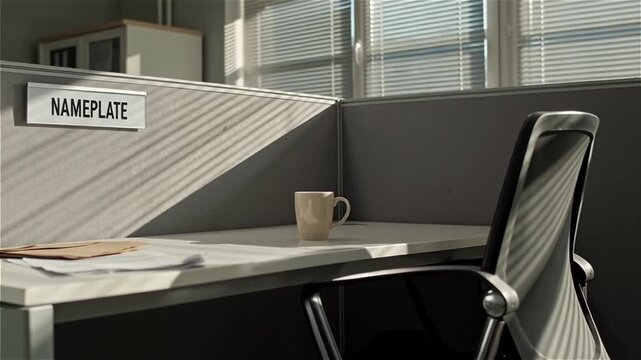 Modern office cubicle workspace with nameplate desk setup and ergonomic chair in contemporary business environment with natural window lighting