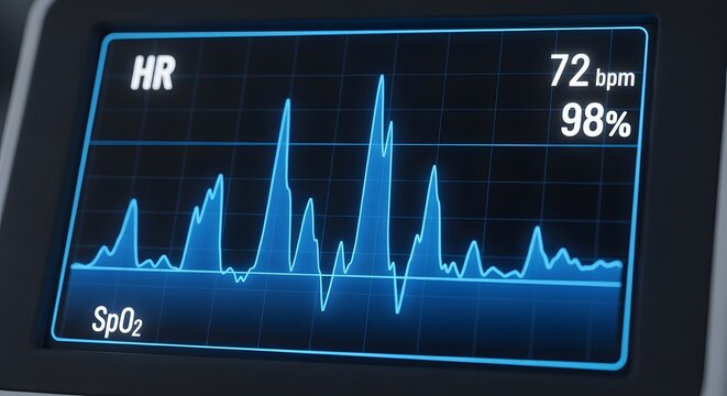 Close-up of a medical monitor screen displaying heart rate (72 bpm), SpO2 levels (98%), and a blue glowing electrocardiogram pulse wave graph
