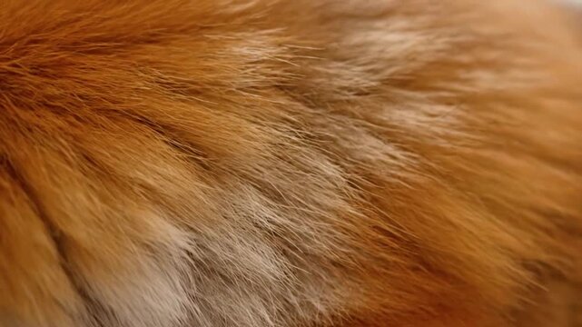Close-up of luxurious red fox fur texture, soft and fluffy animal hair background.