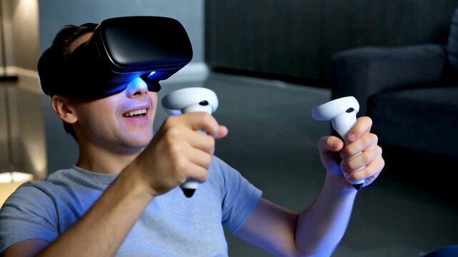 Young man experiencing virtual reality gaming with VR headset and motion controllers in modern living room