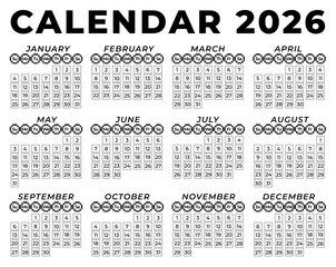 Minimalist black and white 2026 calendar showing all twelve months with weekdays labeled, each date in square boxes for simple yearly planning or reference.