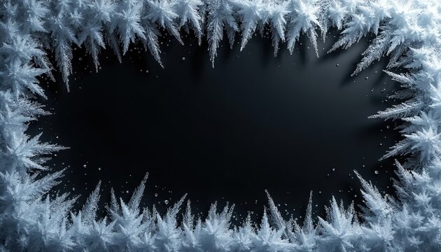 Frostwork frame with ice crystals on a dark background. Decorative frost pattern for winter designs. It can be used as a border or frame for festive cards or banners this season.