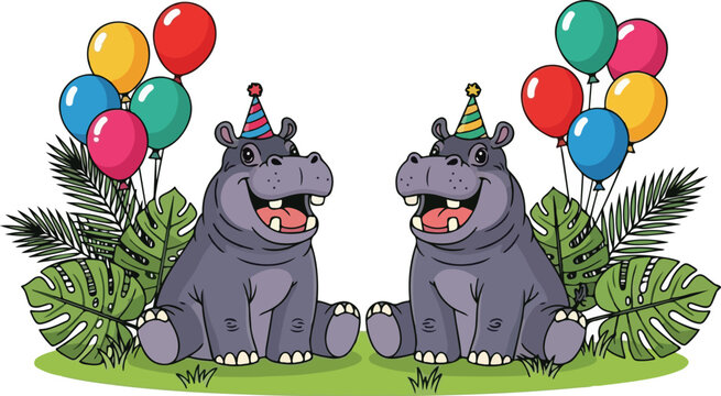 Two happy hippos celebrating a birthday with colorful balloons and party hats.