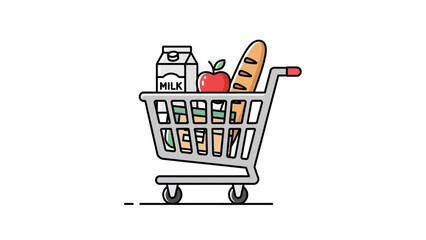 Shopping cart filled with milk, apple, and bread