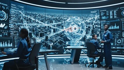 High-tech control room with data visualizations and digital interfaces displaying analytics and city landscapes in futuristic setting - Powered by Adobe