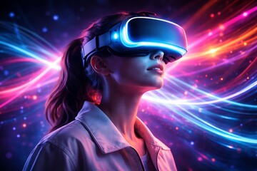 Woman experiencing immersive virtual reality in a futuristic digital world with neon light trails