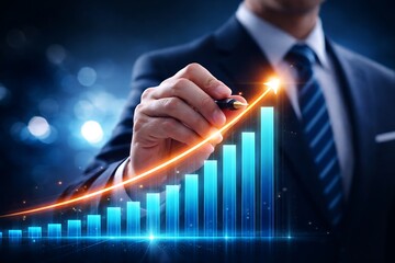 Businessman drawing a glowing upward trend line on a futuristic bar chart representing financial growth and success