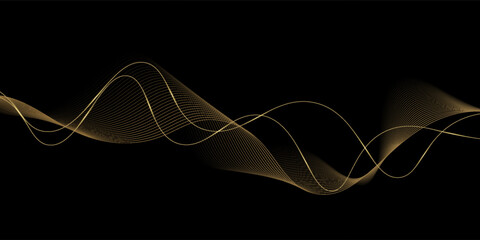 Abstract Gold Waves Design. Shiny golden moving lines design element with glitter effect on dark background for Business card.