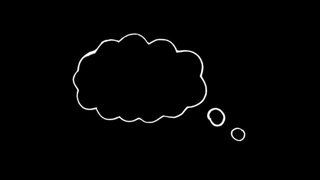 Hand-drawn white thought bubble animation, minimalist cloud doodle for storytelling, sketching motion graphic on black background, creative dialogue symbol for video.

