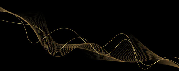 Abstract Gold Waves Design. Shiny golden moving lines design element with glitter effect on dark background for Business card.