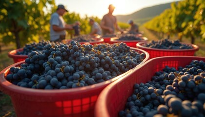 Obraz premium Several men work in vineyard. Group harvest ripe blue grapes in baskets. Vineyard plantation rows are on background. Autumn harvest concept and winemaking business concept at sunset.