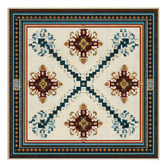 Traditional richly detailed tribal kilim rug design featuring symmetrical geometric medallions and intricate border patterns creating an authentic textile look on transparent background