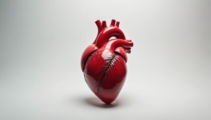A realistic human heart model in vibrant red sits centered on a clean white background. Its detailed chambers and vessels symbolize life, health, and medical science.