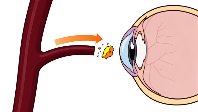 Simplified cartoon style graphic depicting the carotid artery releasing a small plaque fragment directed to the eye with bold arrows indicating embolus movement.