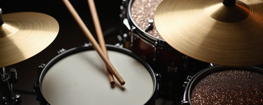 Modern drum kit with shiny golden cymbals, glittery shell drums. Wooden drumsticks cross on white snare drumhead. Percussion instrument setup for energetic rock, jazz music performance, band concert,