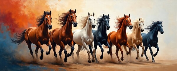 Seven diverse horses gallop together across dusty ground. Their manes flow dynamically against abstract, painterly sky backdrop with vibrant orange and blue hues. This art conveys power and movement.