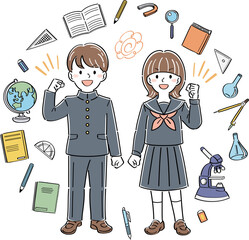 ガッツポーズの制服姿の男女の学生と文房具のイラスト
