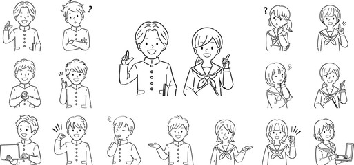 制服姿の男女の学生の上半身イラストセット・様々なポーズと表情（説明、案内、疑問）線画
