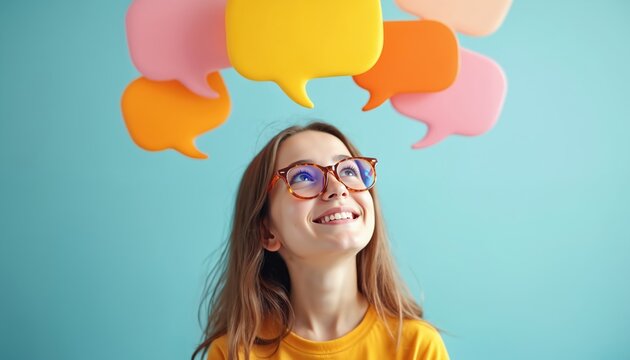 Smiling young woman with glasses looks up at colorful speech bubbles. Thinks about new ideas, communication, learning. Girl represents discussion, conversation, thoughts for speaking, therapy,