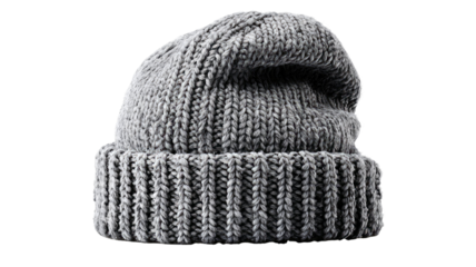 A warm black knitted wool winter hat and fashion accessory isolated on a white background for cold weather clothing style