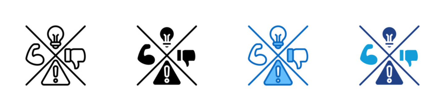 SWOT Analysis Multiple Style Icon Design Vector - Crossed symbols of strength and weakness with warning sign, representing evaluation, risk, and strategy