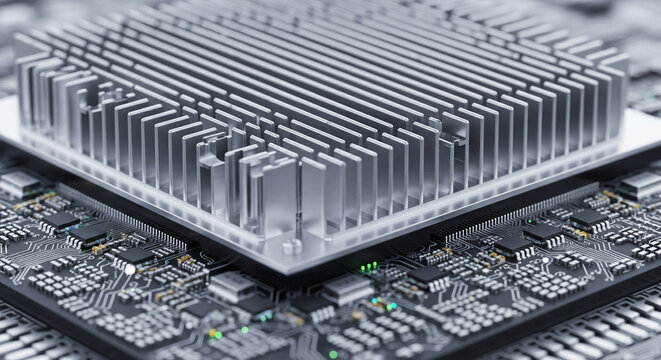 A close-up shot of a modern computer processor (CPU) mounted on a motherboard with a large aluminum heat sink for cooling