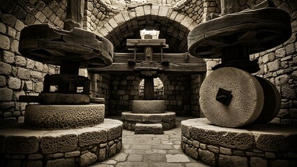 Fototapeta premium Antique Palestinian olive oil press standing in ancient stone ruin at dim interior light