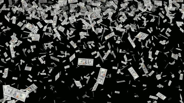Money flying- Dollar bills falling on black background. It's like flying with a fountain of money. Realistic dollars bills falling down animation. Money rain- Money flying in the dark air.